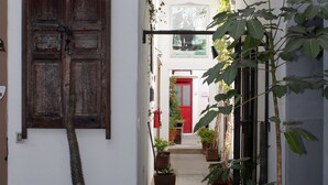 A narrow hallway with a wooden door, potted plants, and a red door at the end. - Kuku Rukú Querétaro (Querétaro)
