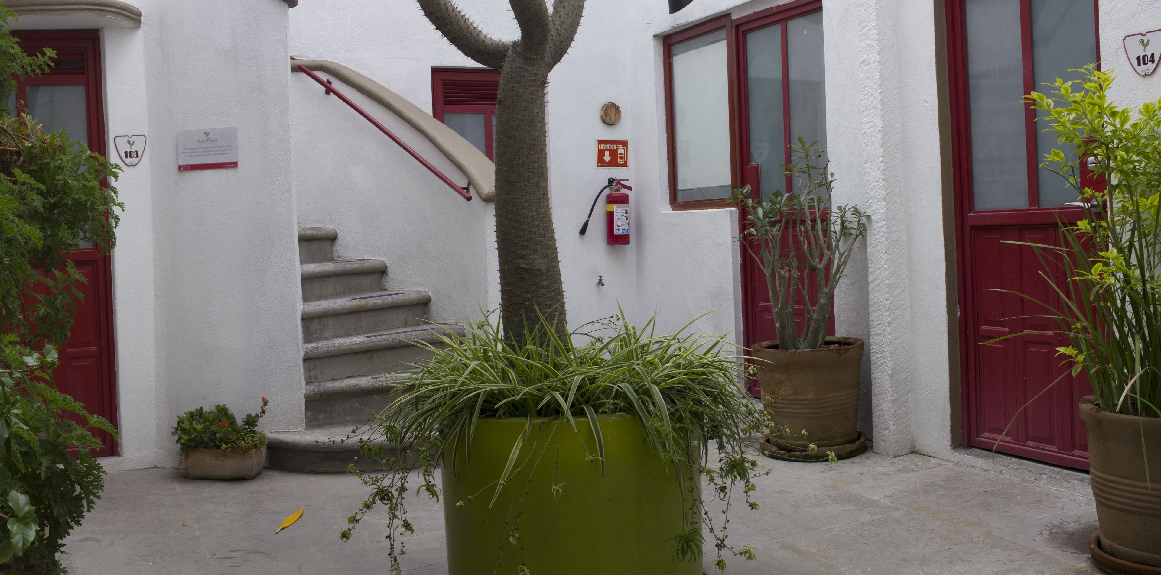 A building with a staircase, red doors, and potted plants.