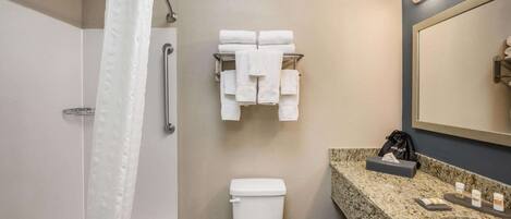 Un baño con ducha, inodoro, toallero, lavabo y espejo.