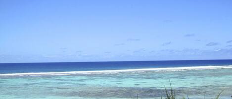 A beach with clear turquoise water and a rocky foreground.