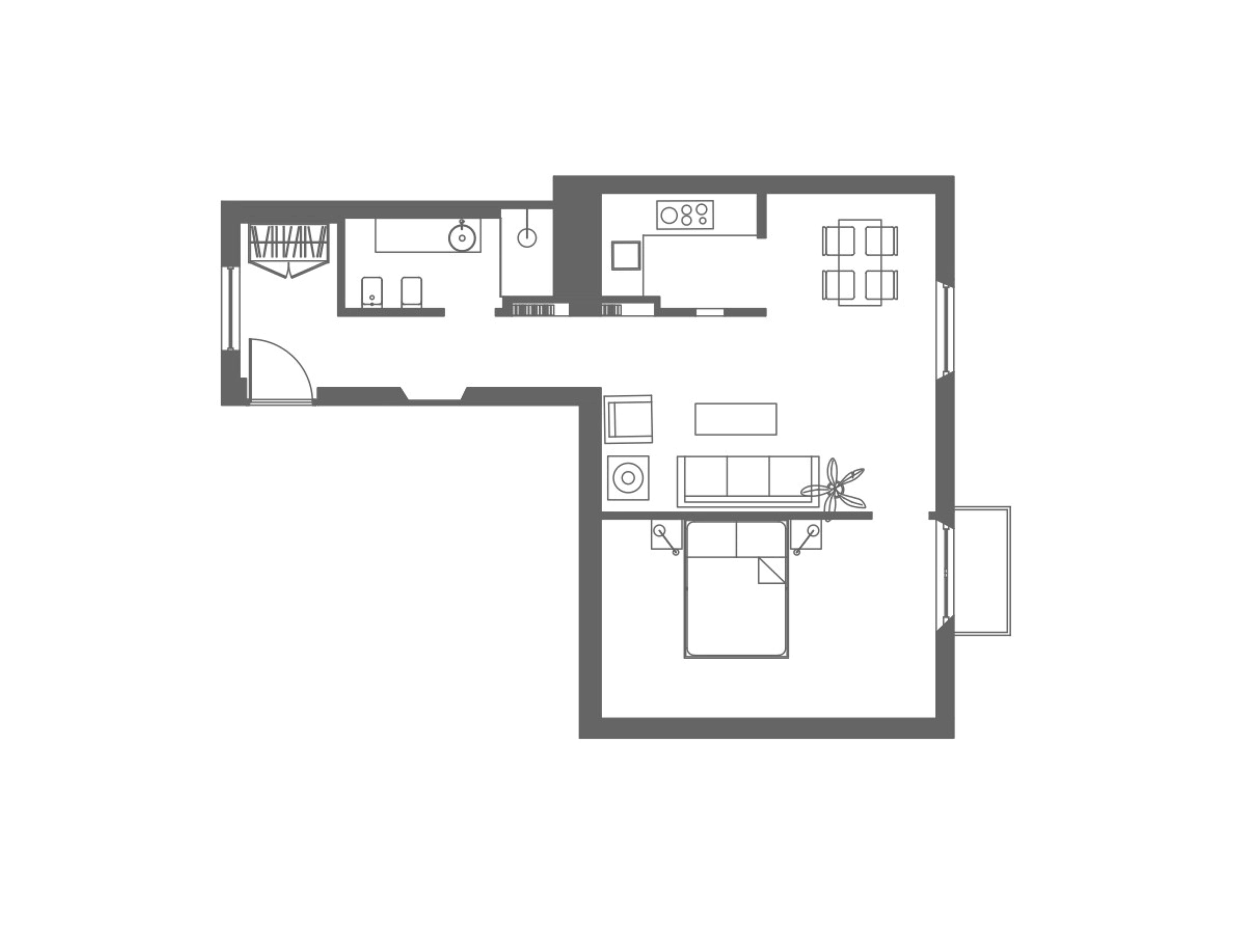 Planta baixa de um quarto de hotel com cozinha compacta, área de refeições, sala de estar com sofá e televisão, e banheiro.