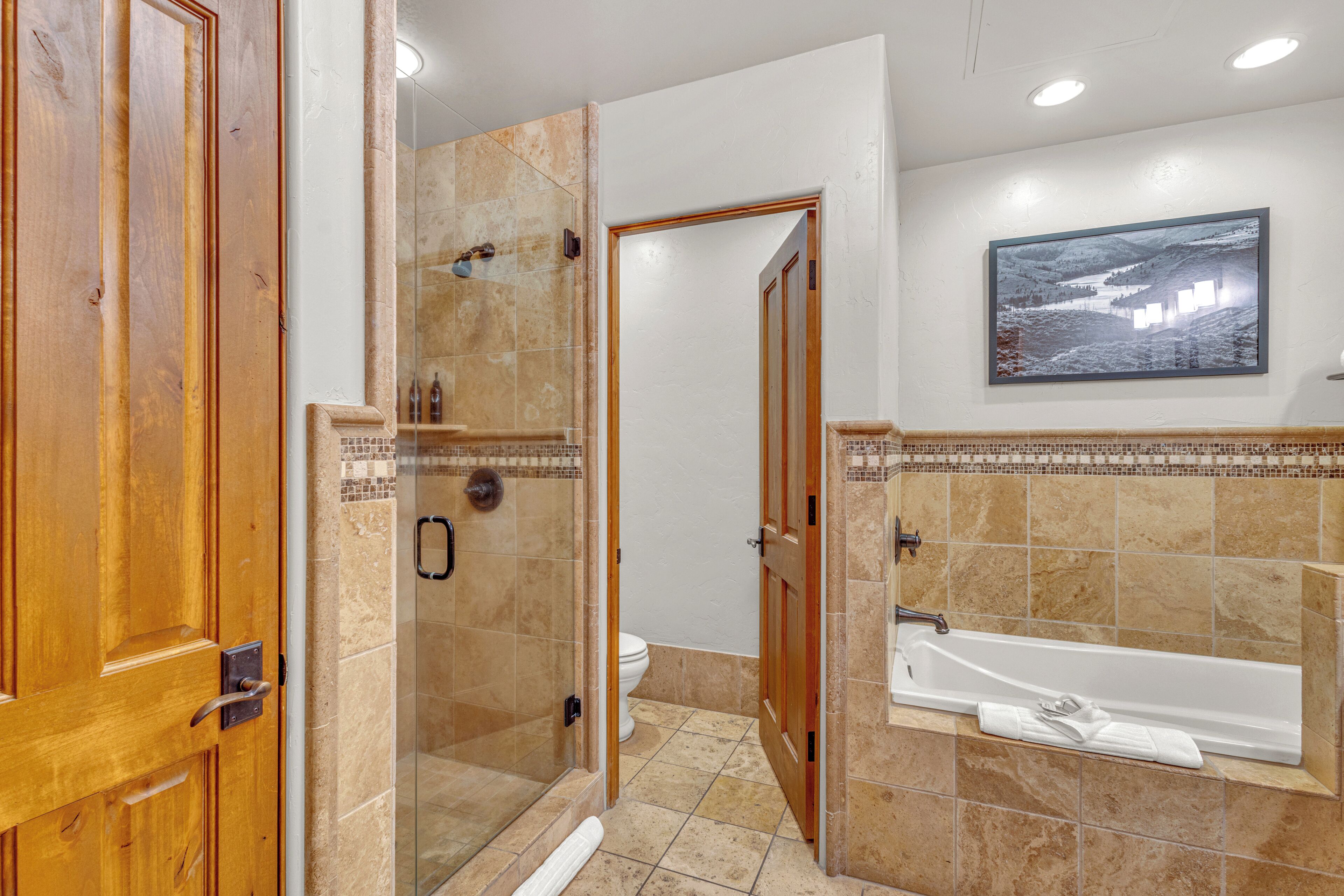 Een badkamer met een douche met glazen wand, een bad en een toilet.