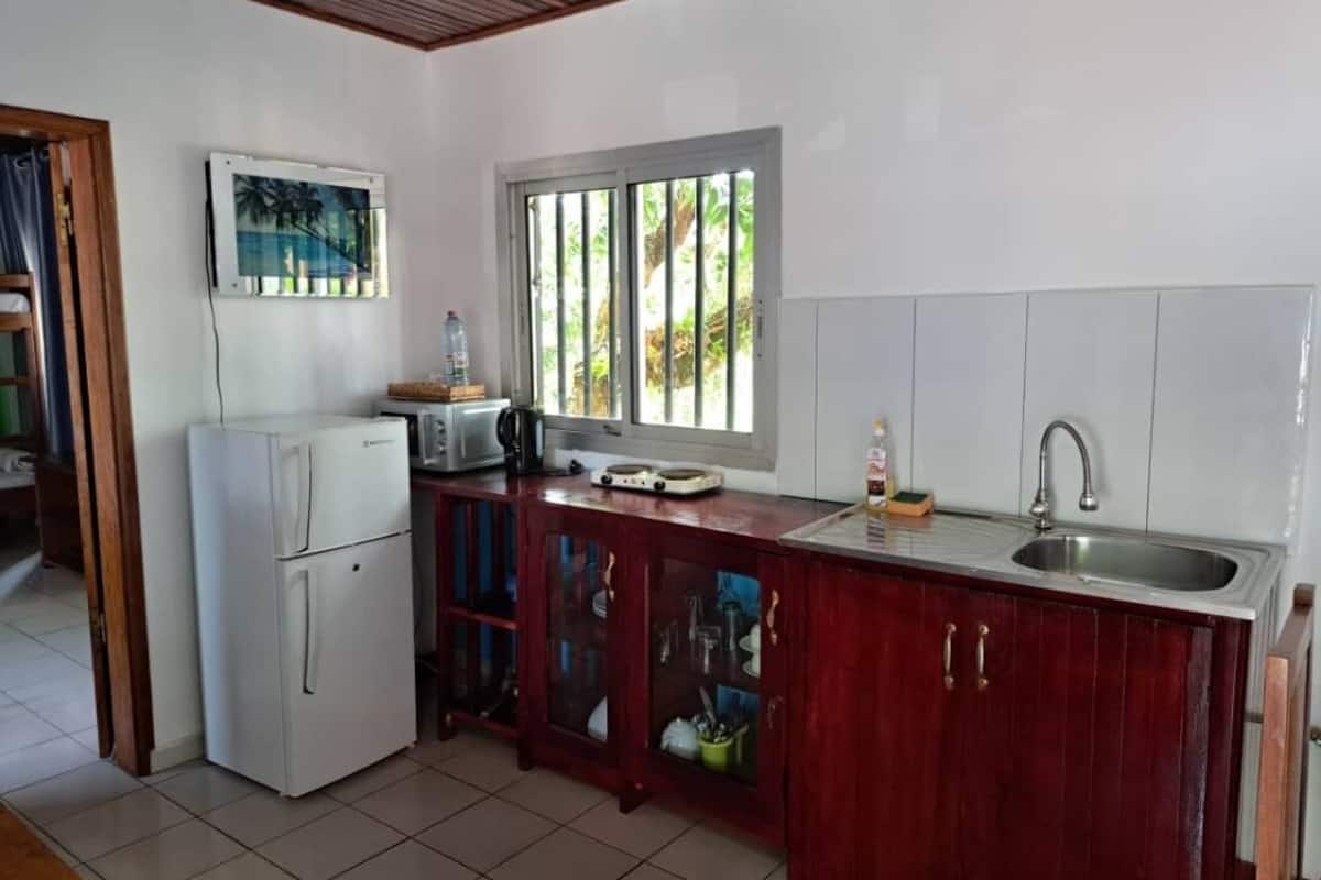 Cocina compacta con refrigerador, microondas, lavamanos y armarios de madera.