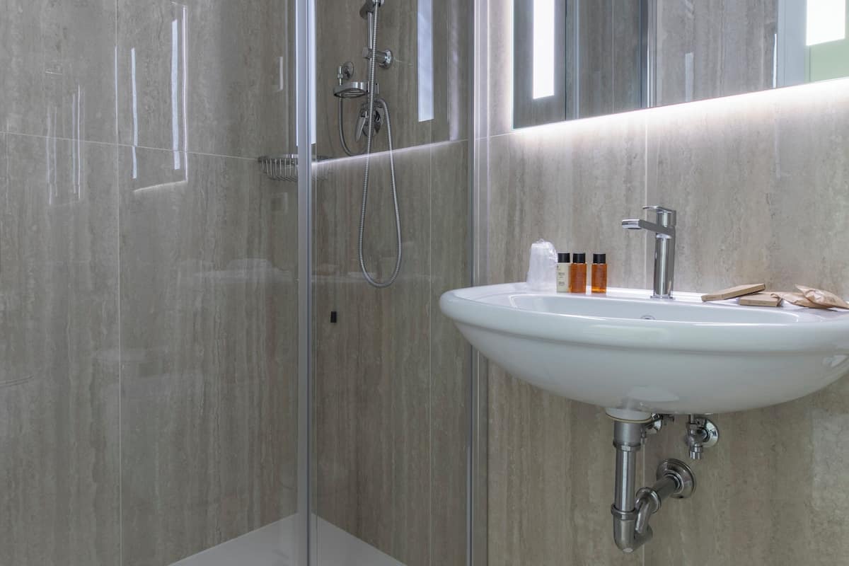 shower, designer toiletries, hair dryer, slippers