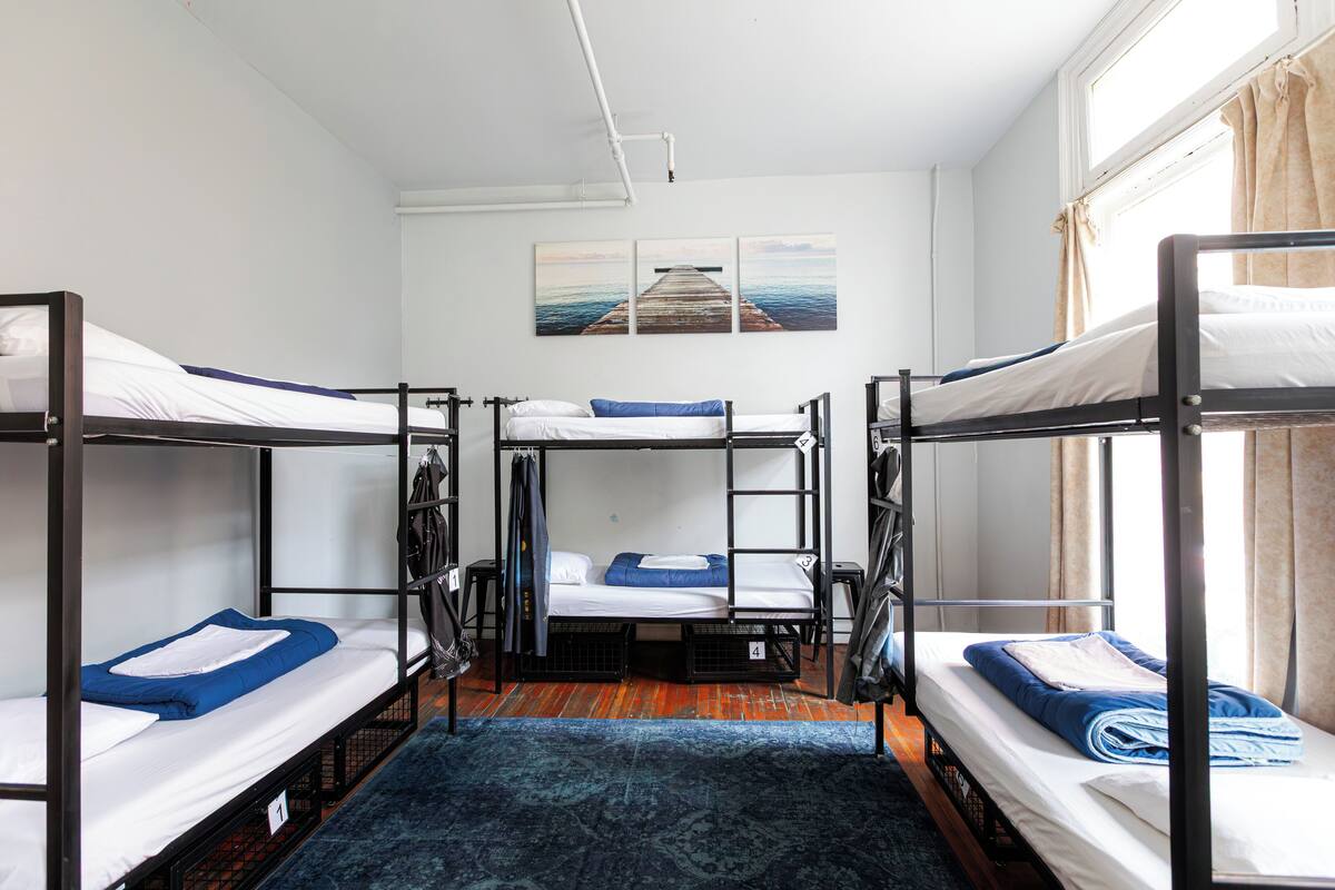 Un dormitorio con literas, alfombra azul y un cuadro de un muelle en la pared.