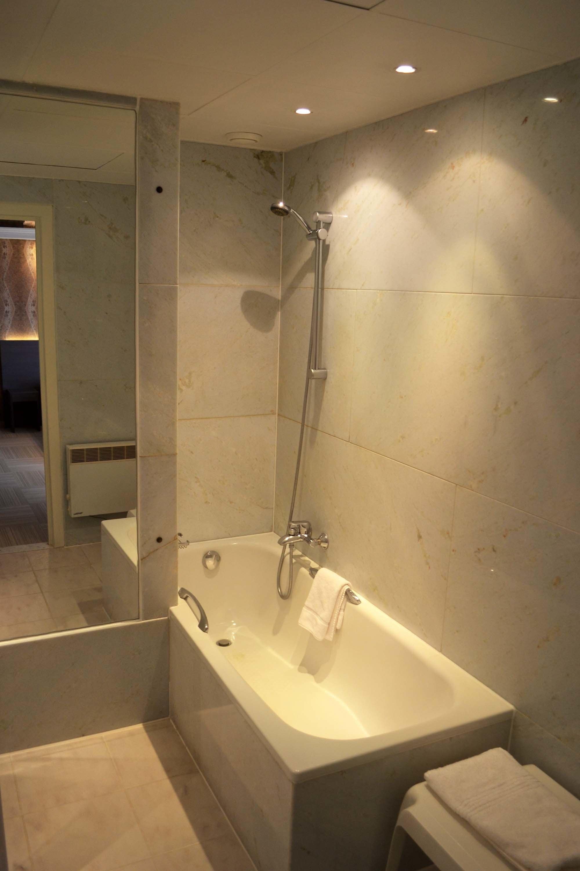 A modern bathroom with a freestanding bathtub, a handheld showerhead, and a large mirror.