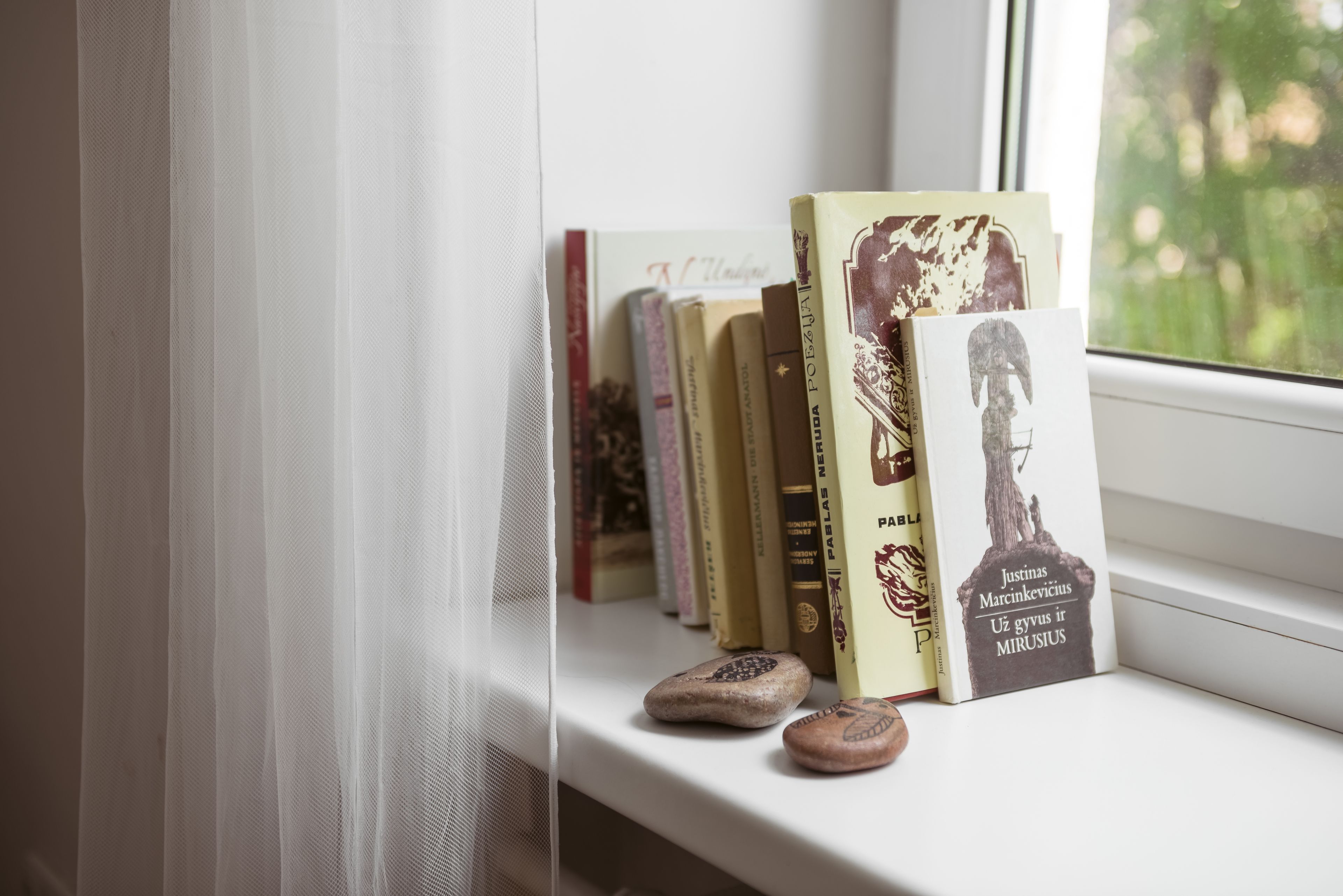 A bookshelf with books and two stones.