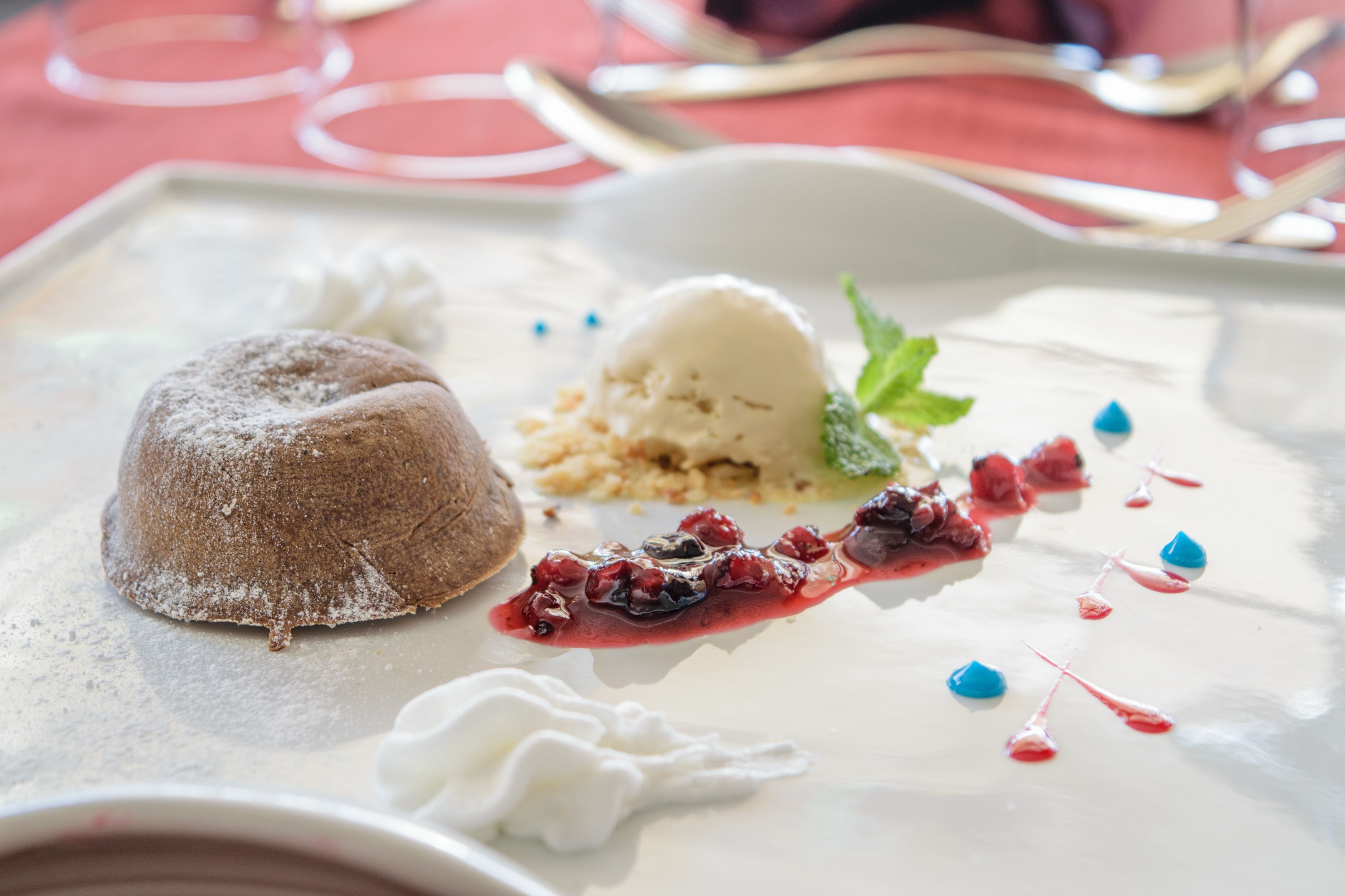 A dessert plate with a chocolate cake, ice cream, berries, and whipped cream.