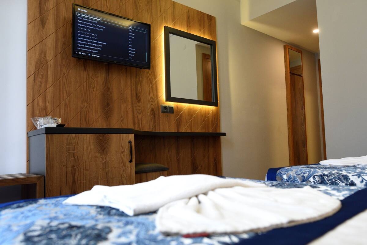 A hotel room with a wooden wardrobe, a bed with a blue and white patterned bedspread, a mirror, and a television mounted on the wall.