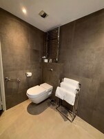 A modern bathroom with a toilet, a towel rack, and a shower area.