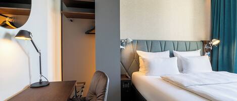 A hotel room with a bed, bedside lamps, a desk, and a chair.
