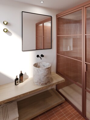 Regadera, secadora de cabello, bidet, toallas 