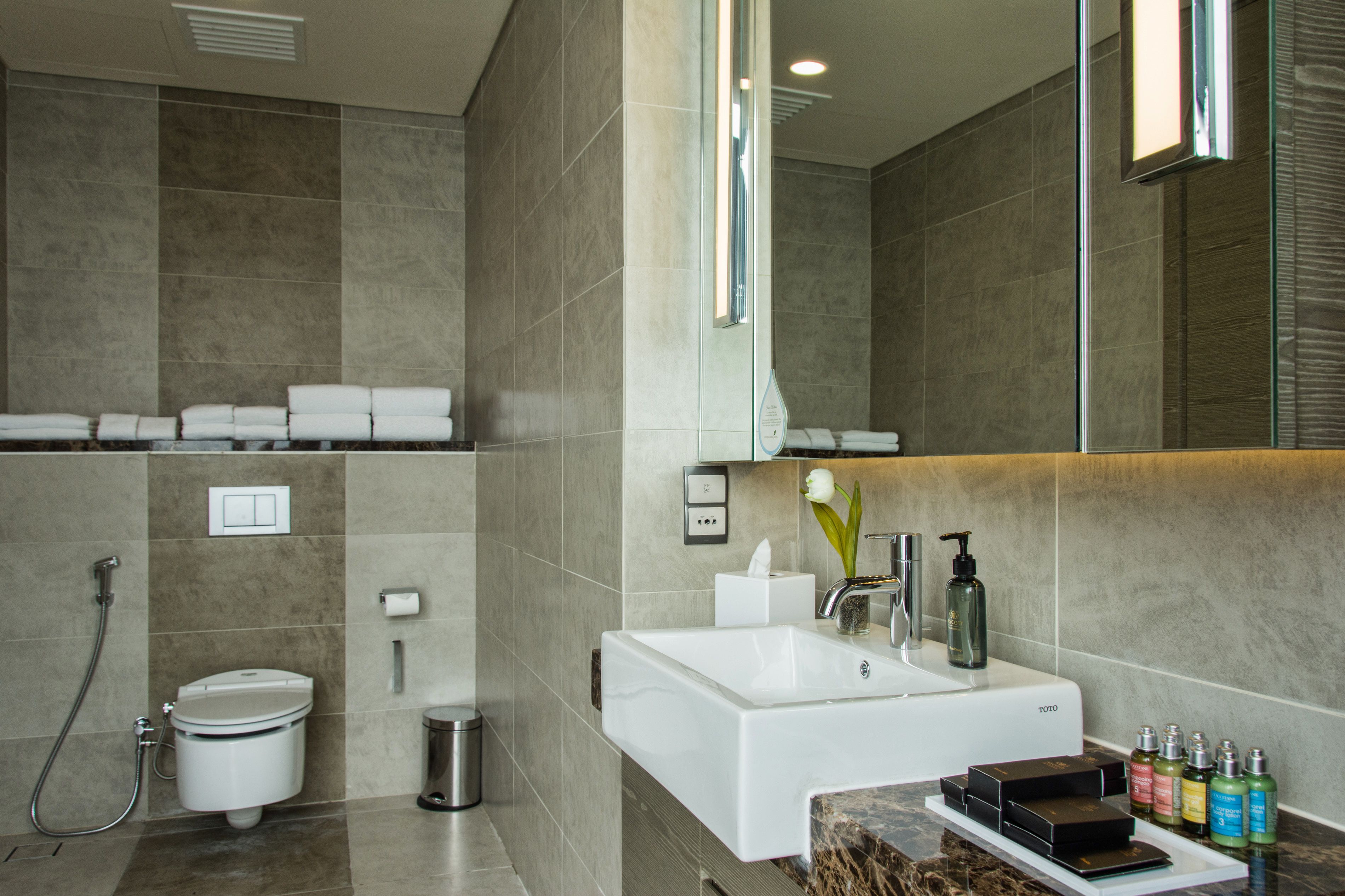 A modern bathroom with a large sink, mirror, and toiletries.