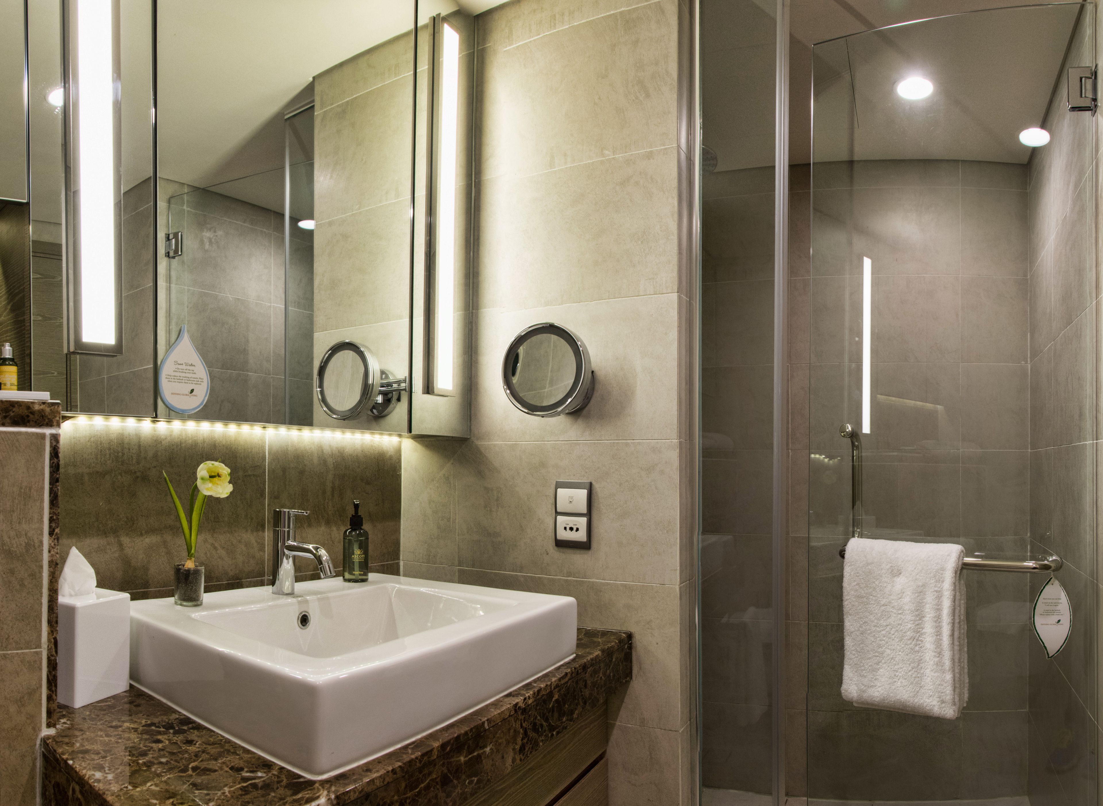 A modern bathroom with a large sink, two mirrors, a glass shower enclosure, and a marble countertop.
