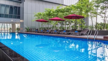 Indoor pool, outdoor pool, pool umbrellas, pool loungers