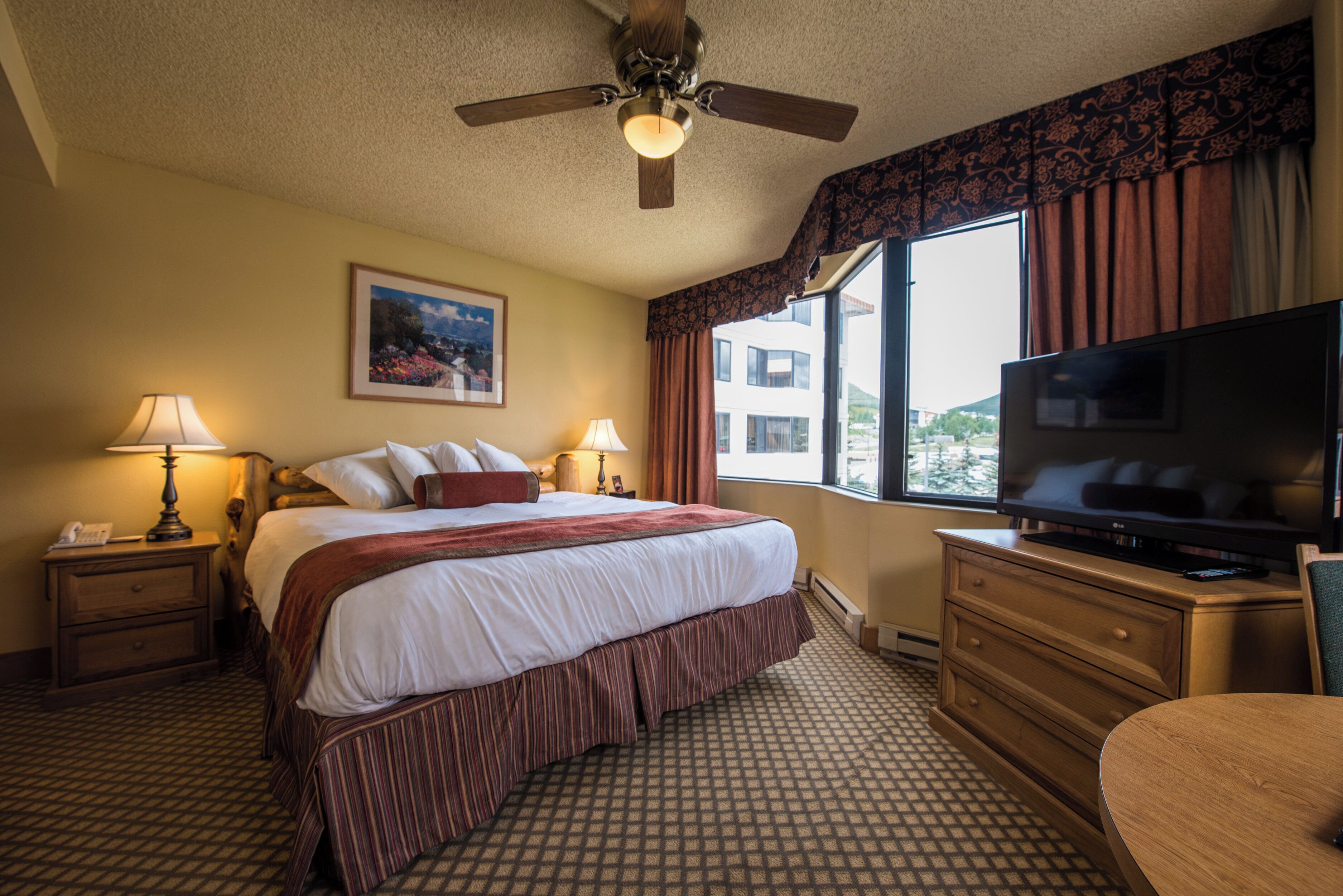 A hotel room with a large bed, two bedside tables with lamps, a television, and a view of the outside.