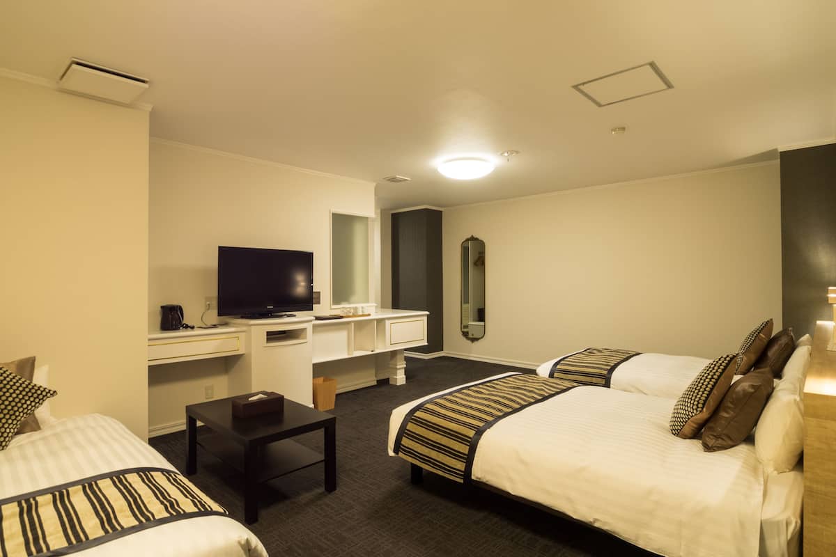 Una habitación de hotel con dos camas, un escritorio, un televisor y un espejo.
