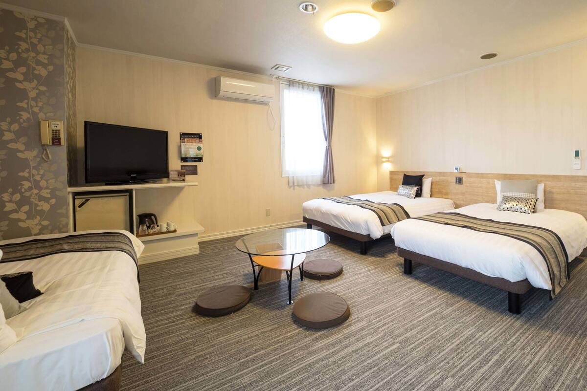 Una habitación de hotel con dos camas, un televisor, una mesita y un sofá.
