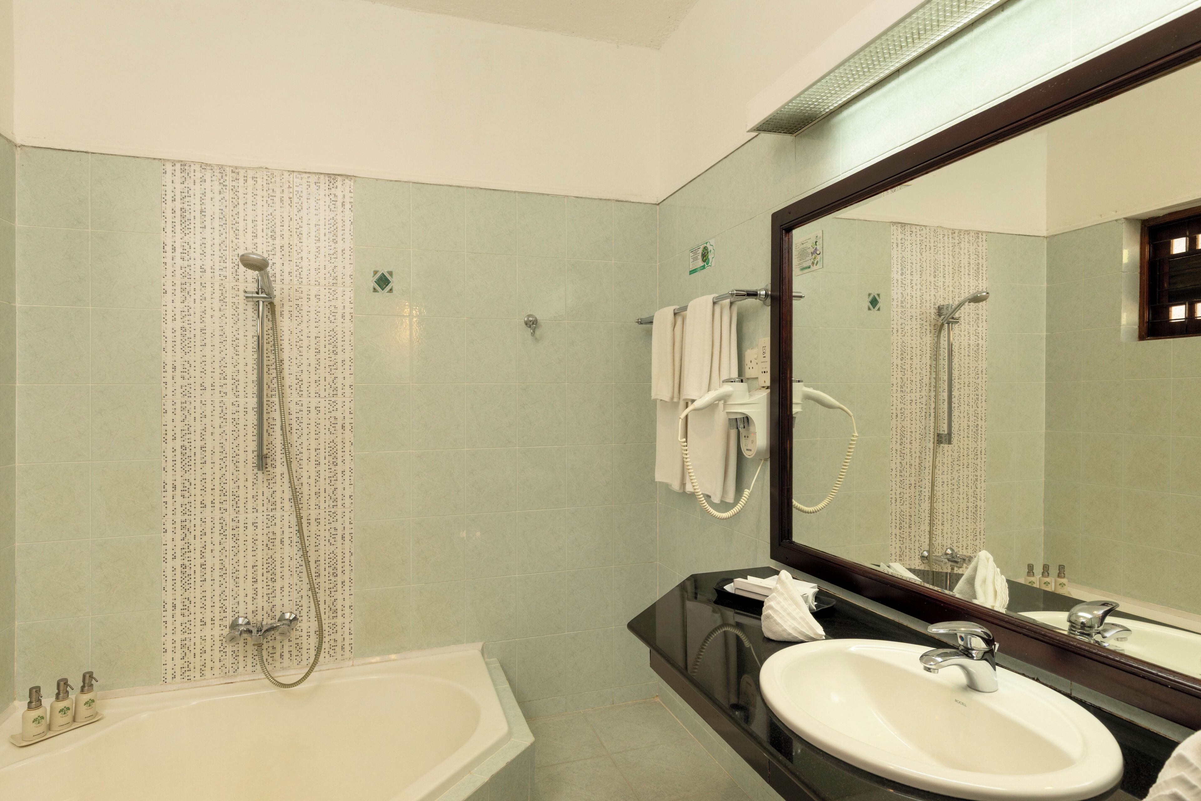 Un baño con bañera, lavamanos, espejo y ducha.