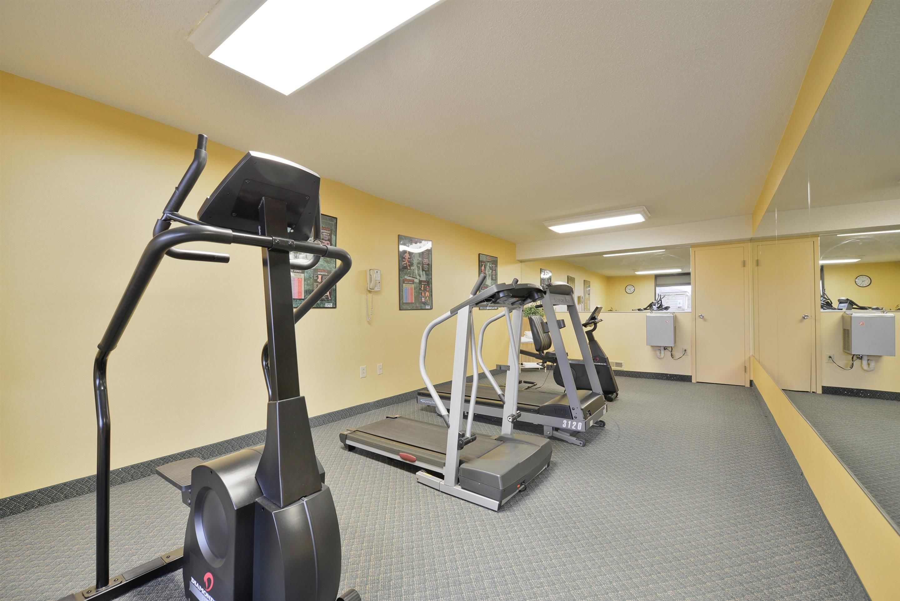 A gym with treadmills and elliptical machines, a mirror, and lockers.