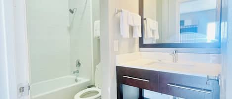 Combined shower/tub, hair dryer
