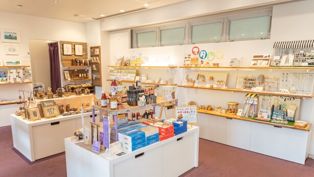 Loja bem organizada com diversos itens expostos, incluindo livros, joias e objetos decorativos.