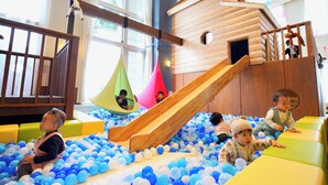 A play area with a slide, ball pit, and a wooden playhouse. - Hotel Naturwald Furano (Furano)