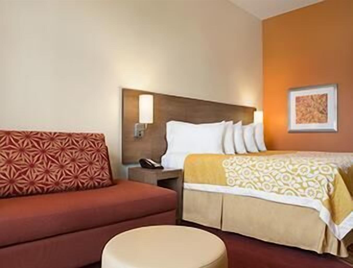 desk, laptop workspace, blackout curtains, iron/ironing board