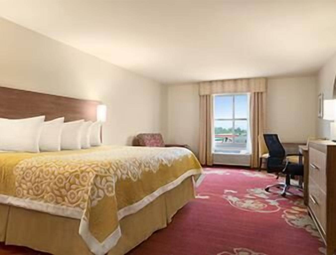 desk, laptop workspace, blackout curtains, iron/ironing board