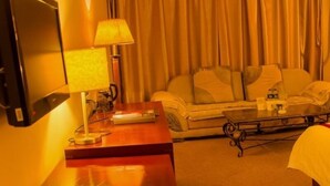 Una habitación de hotel con sofá, mesa de centro, televisor y lámpara.