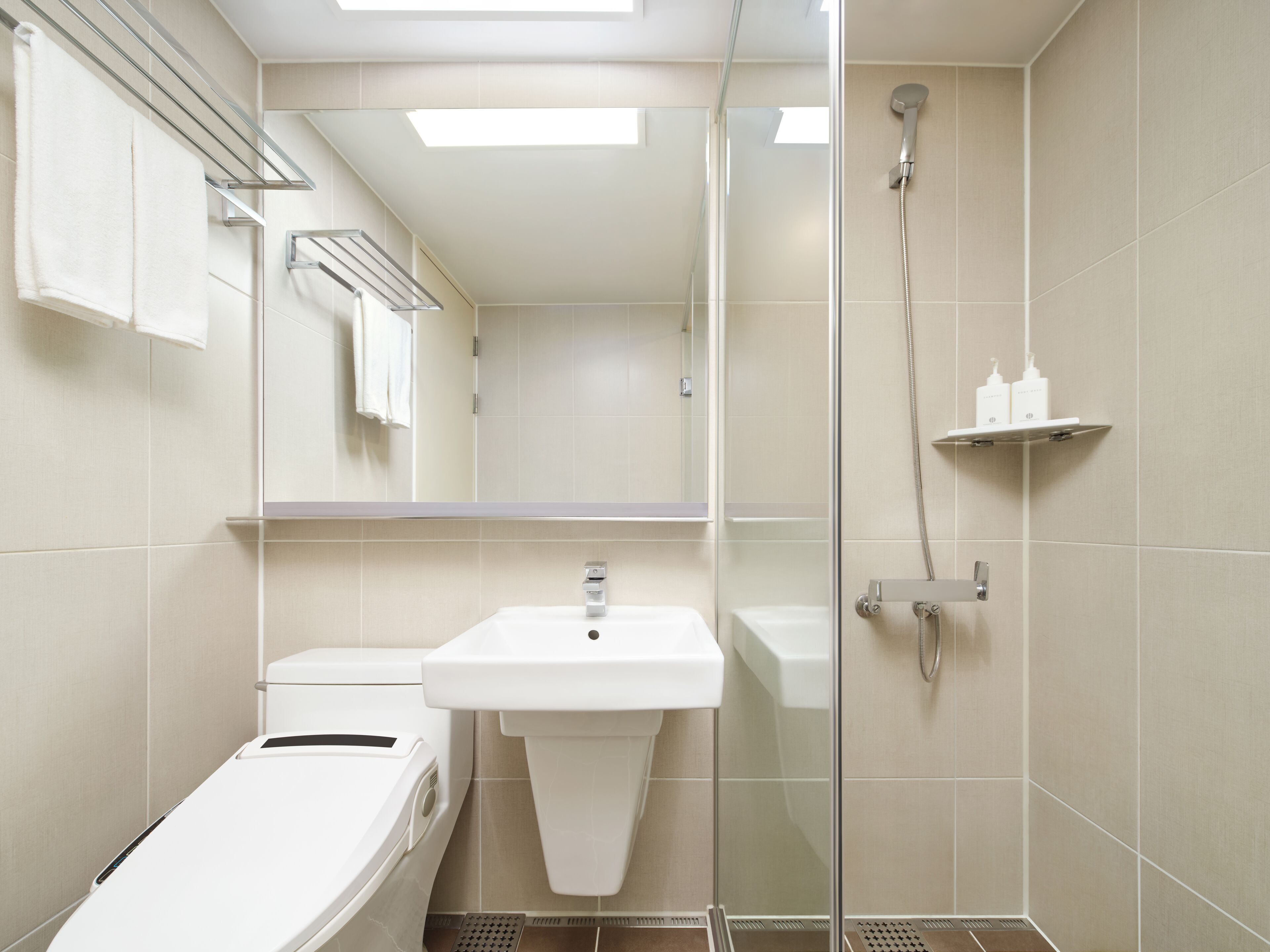 deluxe room | bathroom | shower, hair dryer, towels