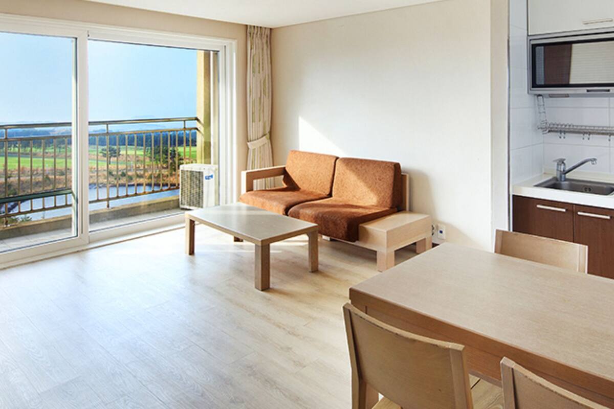 A modern apartment with a balcony, a kitchenette, a sofa, and a dining area.