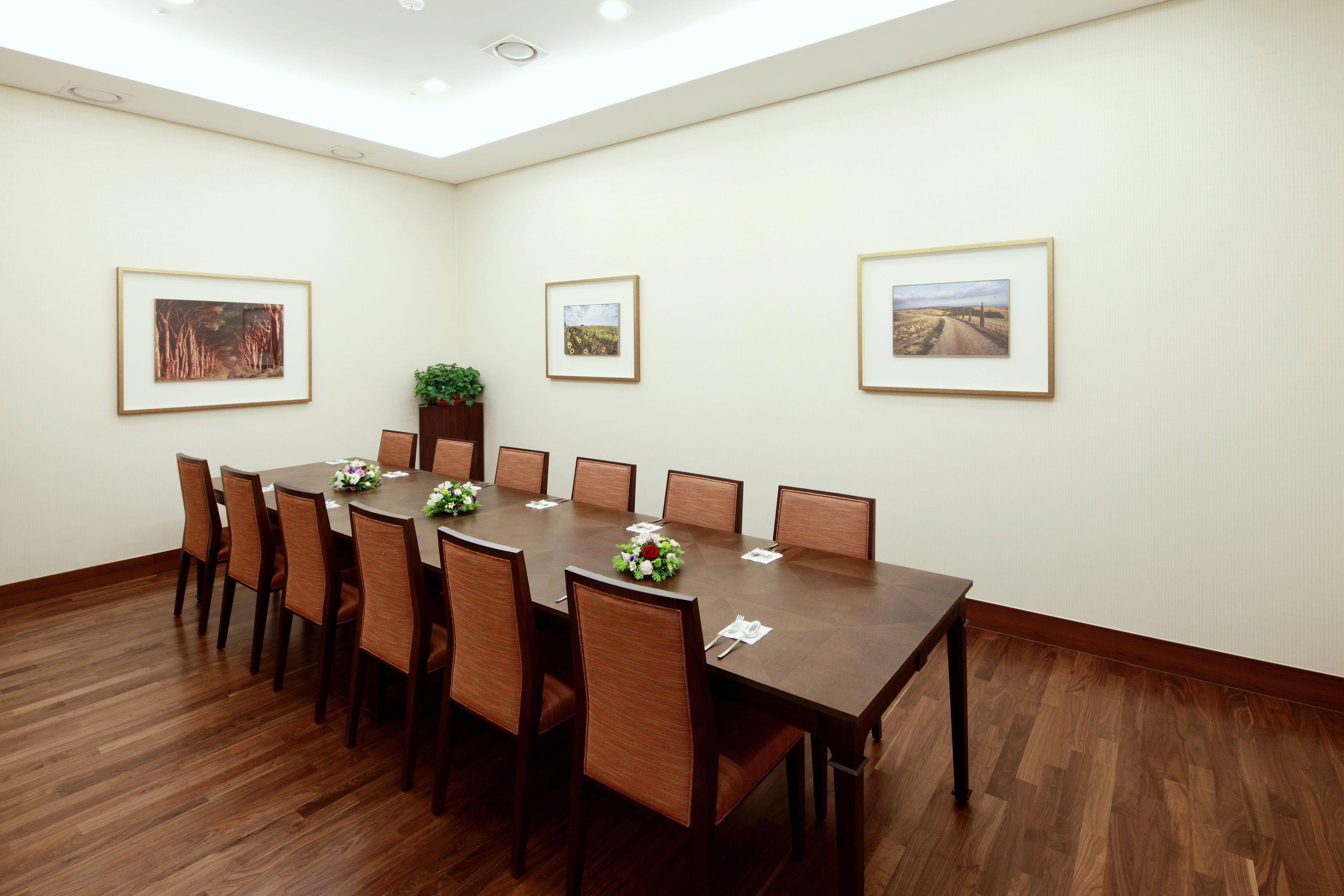 A conference room with a long table, chairs, framed pictures on the walls, and a plant on the table.