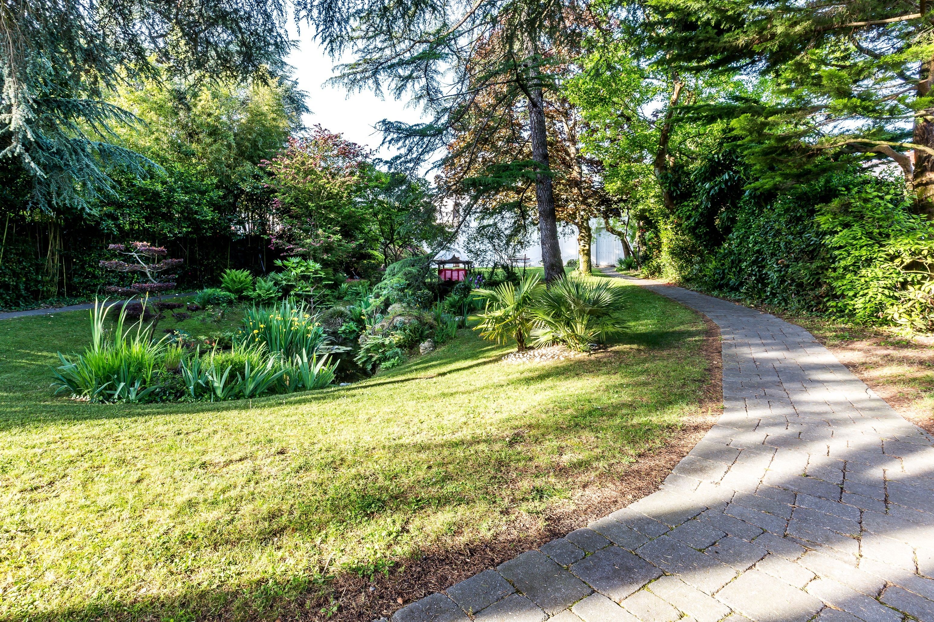 A paved garden path curving through a lush, green landscape with various plants and trees.