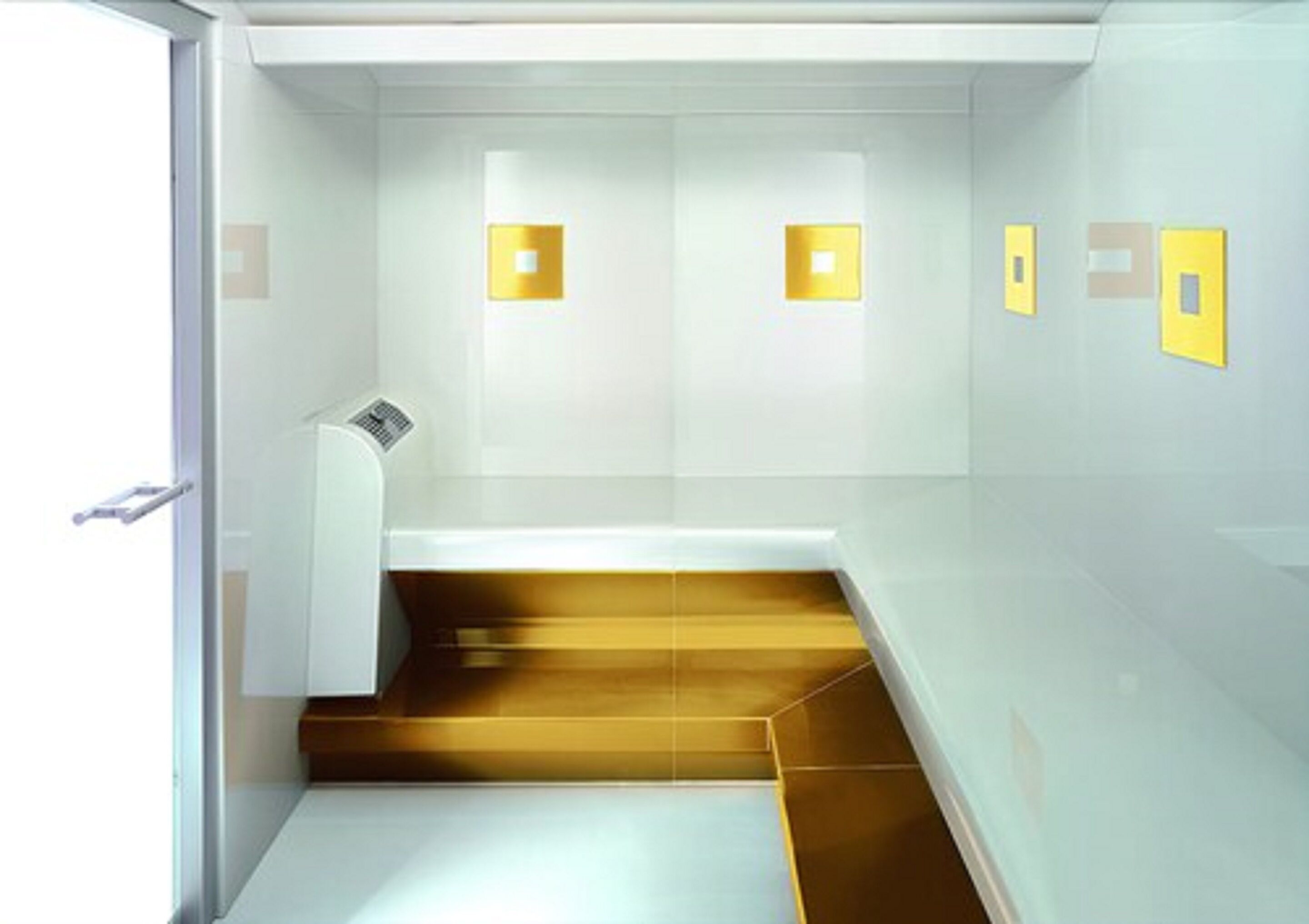 A modern bathroom with a glass enclosure, a white sink, and a golden-tiled floor.