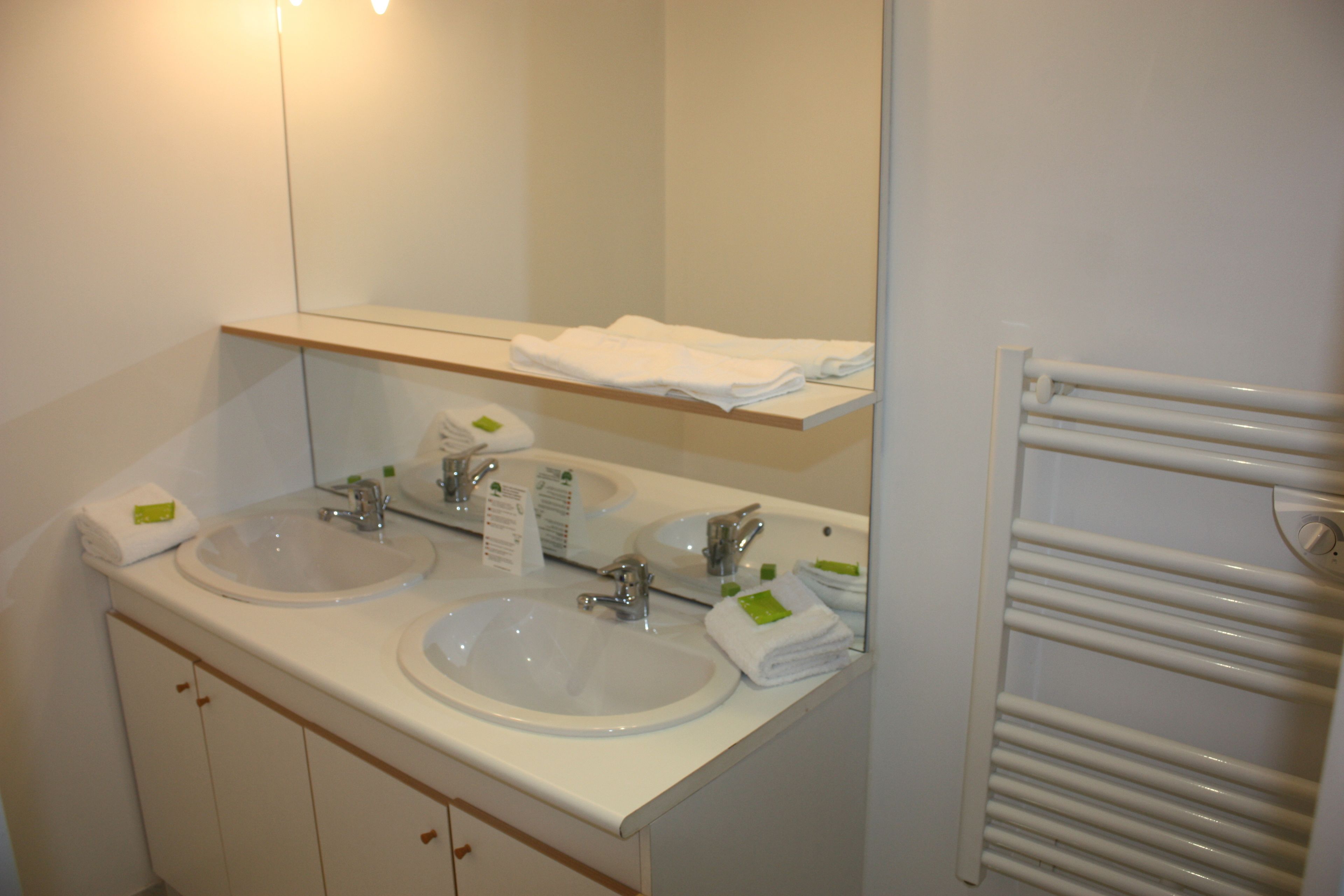 A bathroom with two sinks, a mirror, and a towel rack.