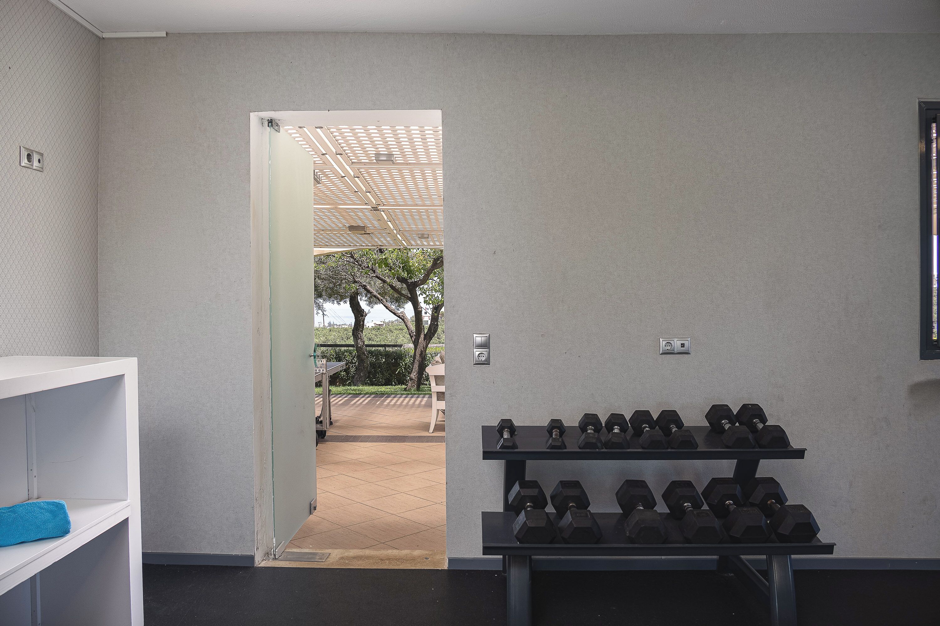 A gym with a rack of dumbbells, a white shelf, and a door leading outside.