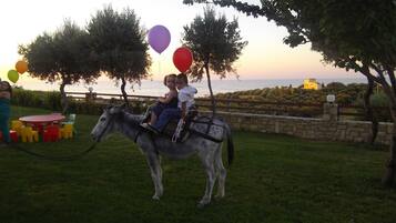 Un espace herbeux où l’on voit un cheval et deux enfants qui montent à cheval. Des ballons flottent dans l’air, et on aperçoit une table entourée de chaises au fond.