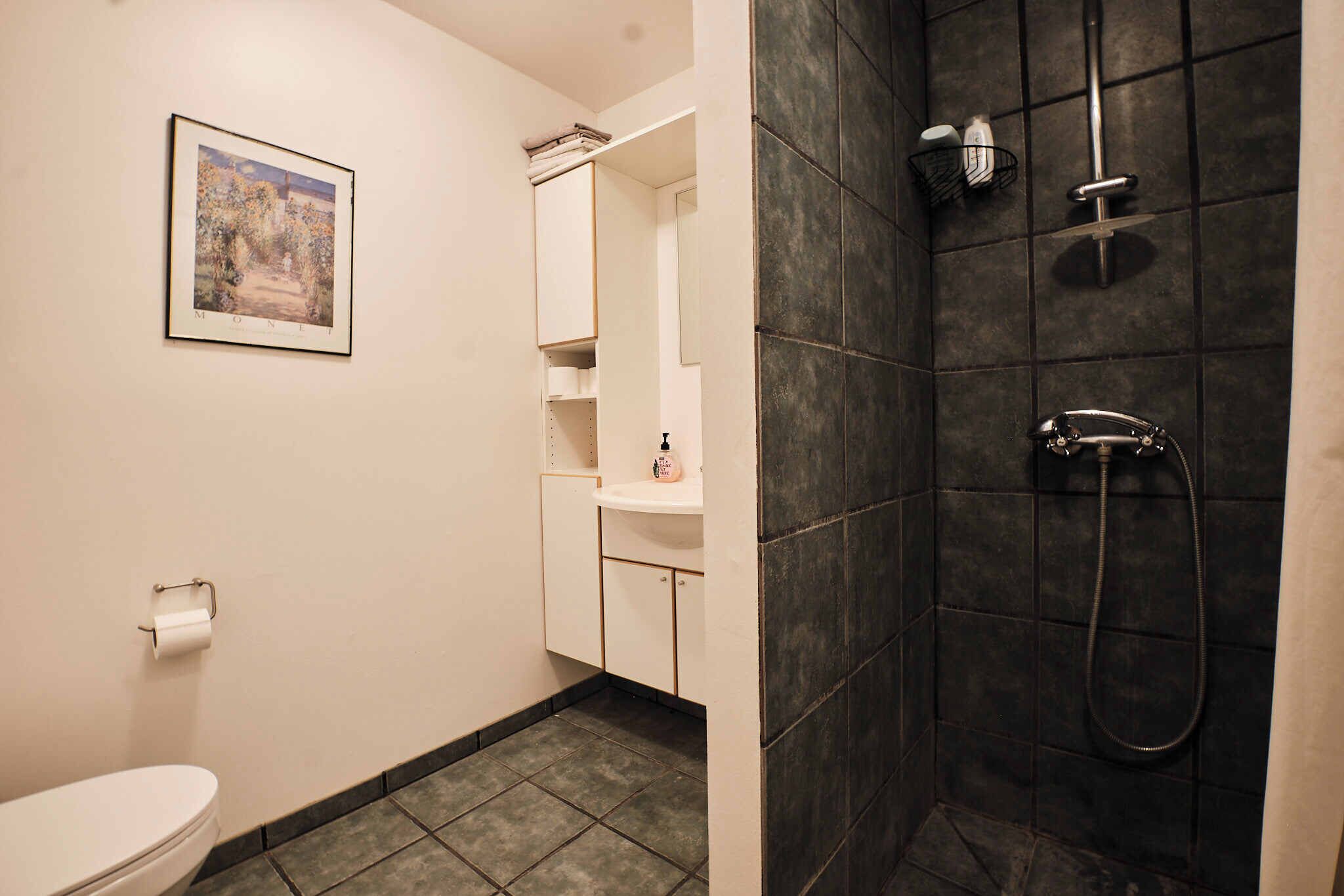 A bathroom with a toilet, a sink, a shower, and a framed picture on the wall.