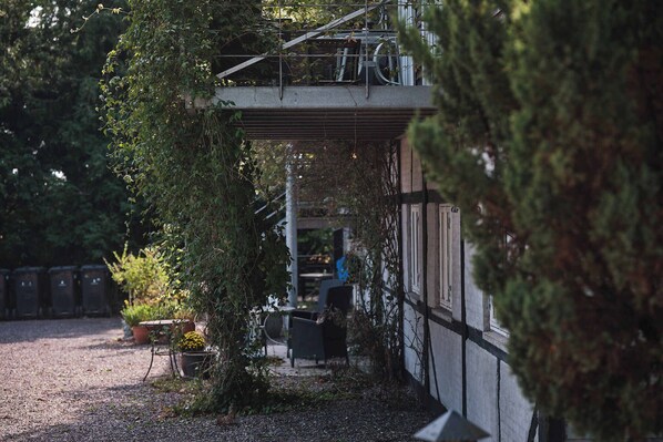Un espacio exterior cubierto con una escalera de metal, plantas en macetas y un sendero de grava.