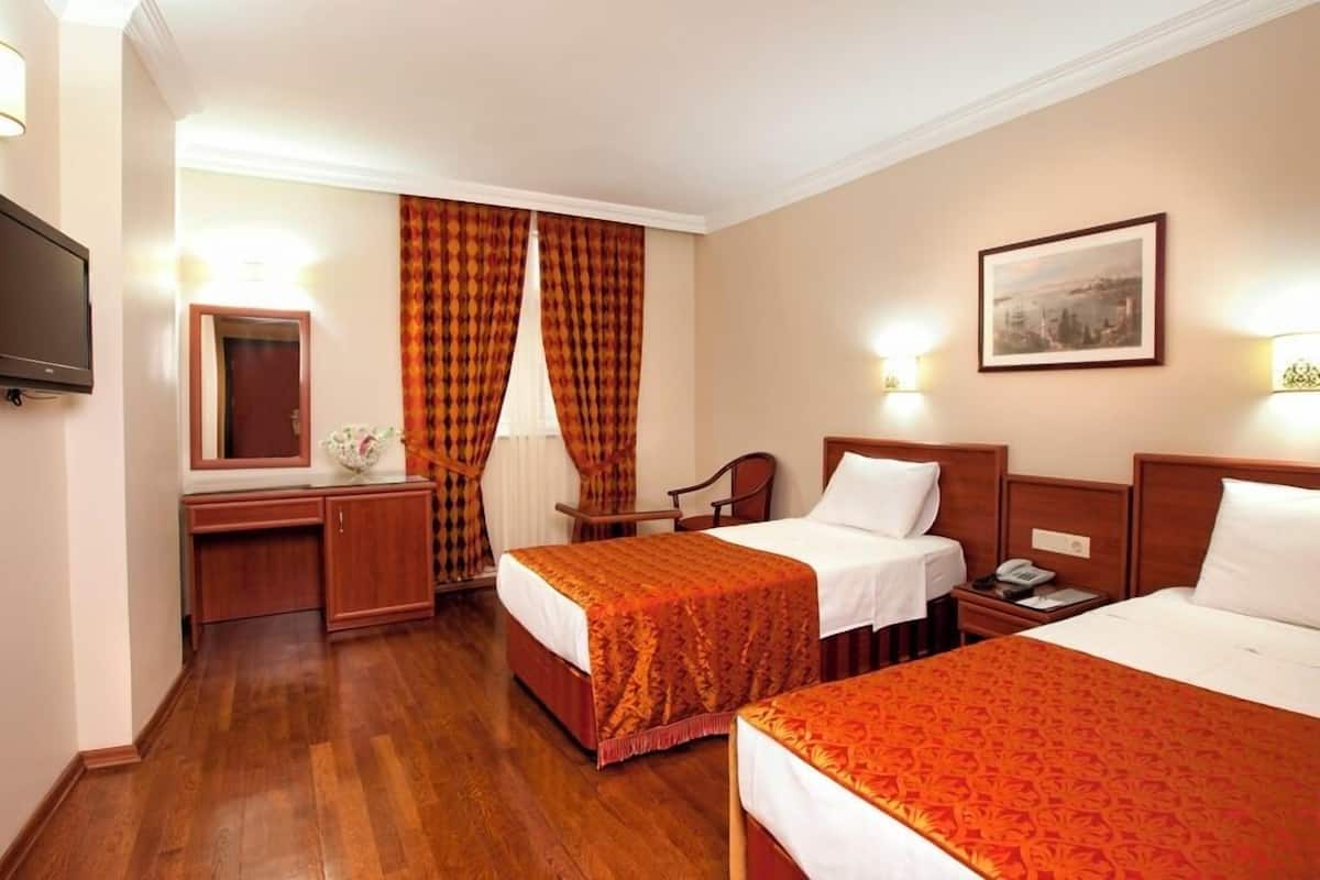 Habitación de hotel con dos camas, un escritorio, una silla, un televisor y un cuadro en la pared.