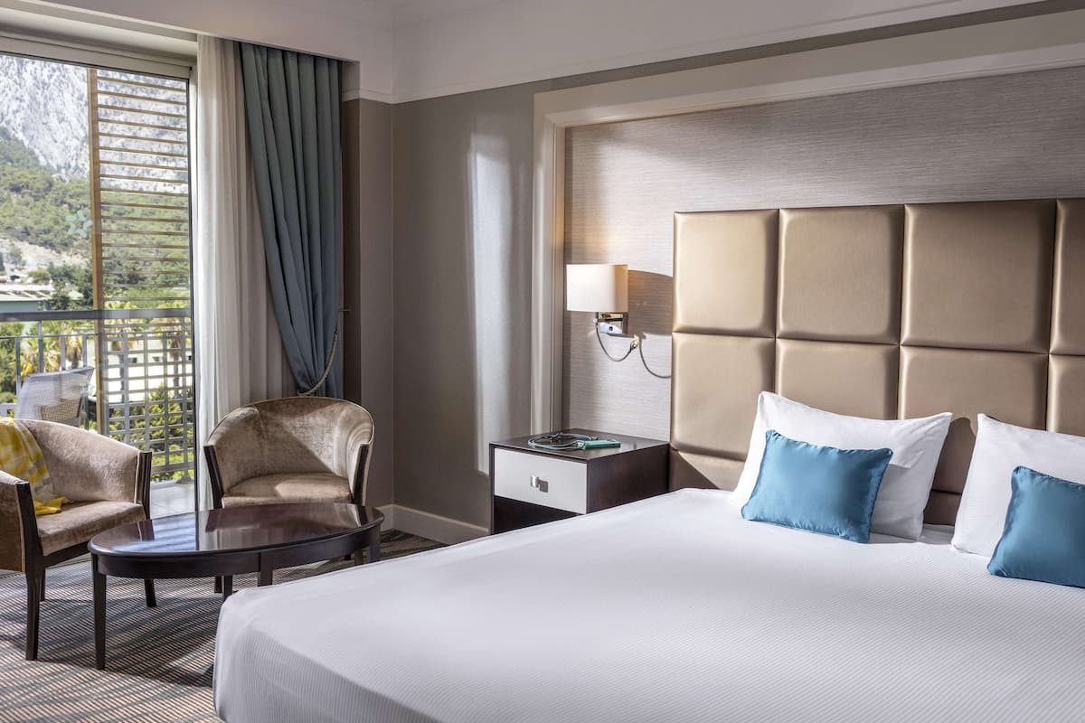 A hotel room with a large bed, a nightstand with a lamp, a chair, and a view of a mountainous landscape through a window with curtains.