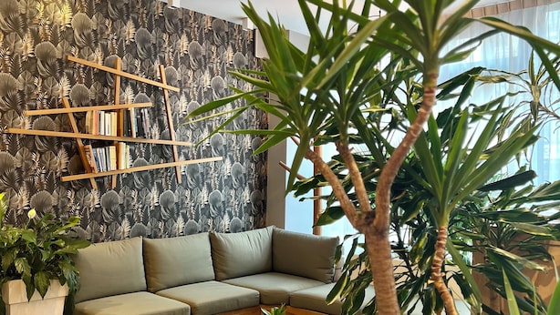 Una sala moderna con un sofá modular, una mesa de centro de madera, una estantería y una planta grande en maceta.