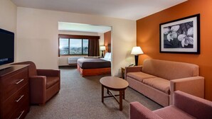 Habitación de hotel con cama, televisión, escritorio, sofá y un cuadro en la pared.