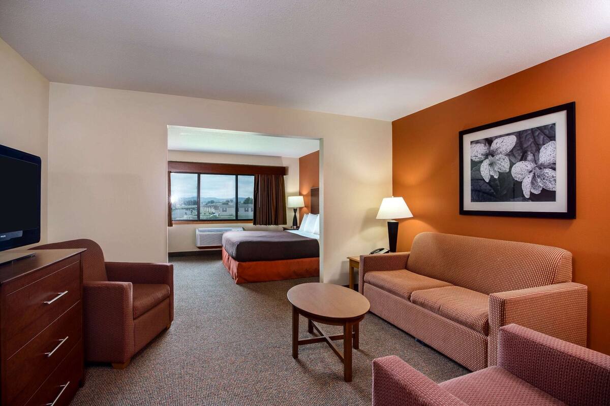 A hotel room with a bed, a TV, a desk, a sofa, and a framed picture on the wall.