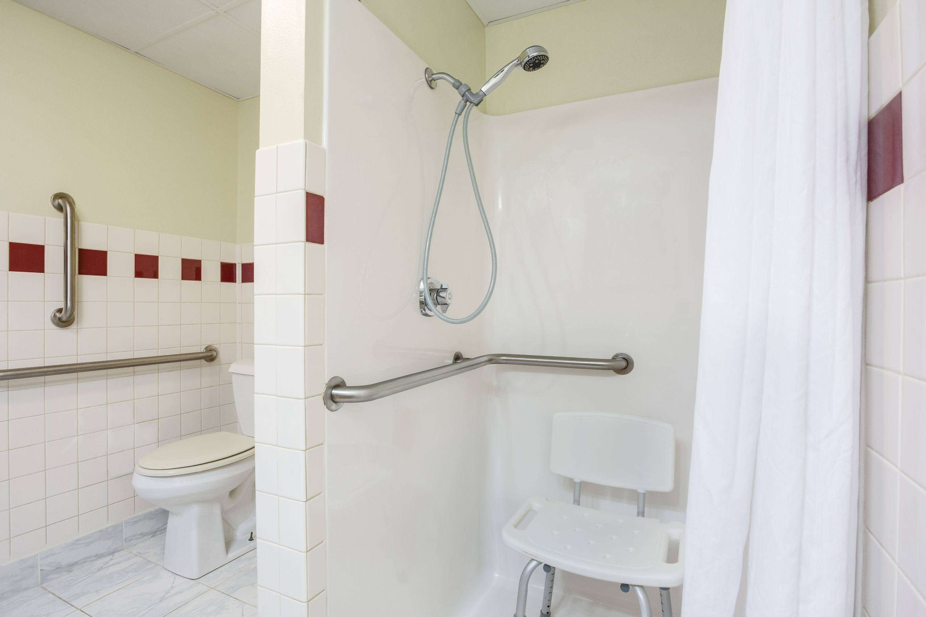 Un baño con inodoro, ducha con barras de apoyo y lavamanos blanco.