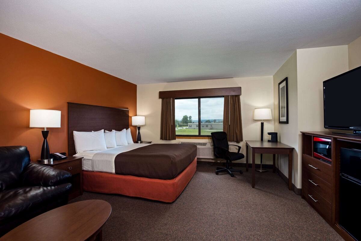 A hotel room with a large bed, a desk, a chair, a TV, and a view of the outdoors.