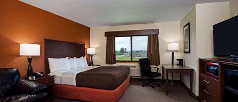 Habitación de hotel con una cama grande, un escritorio, una silla, un televisor y vistas al exterior.