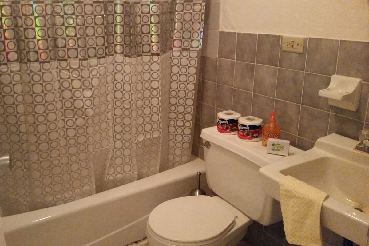 Combined shower/bathtub, deep-soaking bathtub, hair dryer