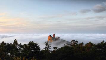 Un edificio al estilo de castillo rodeado de nubes, con un bosque denso en primer plano.